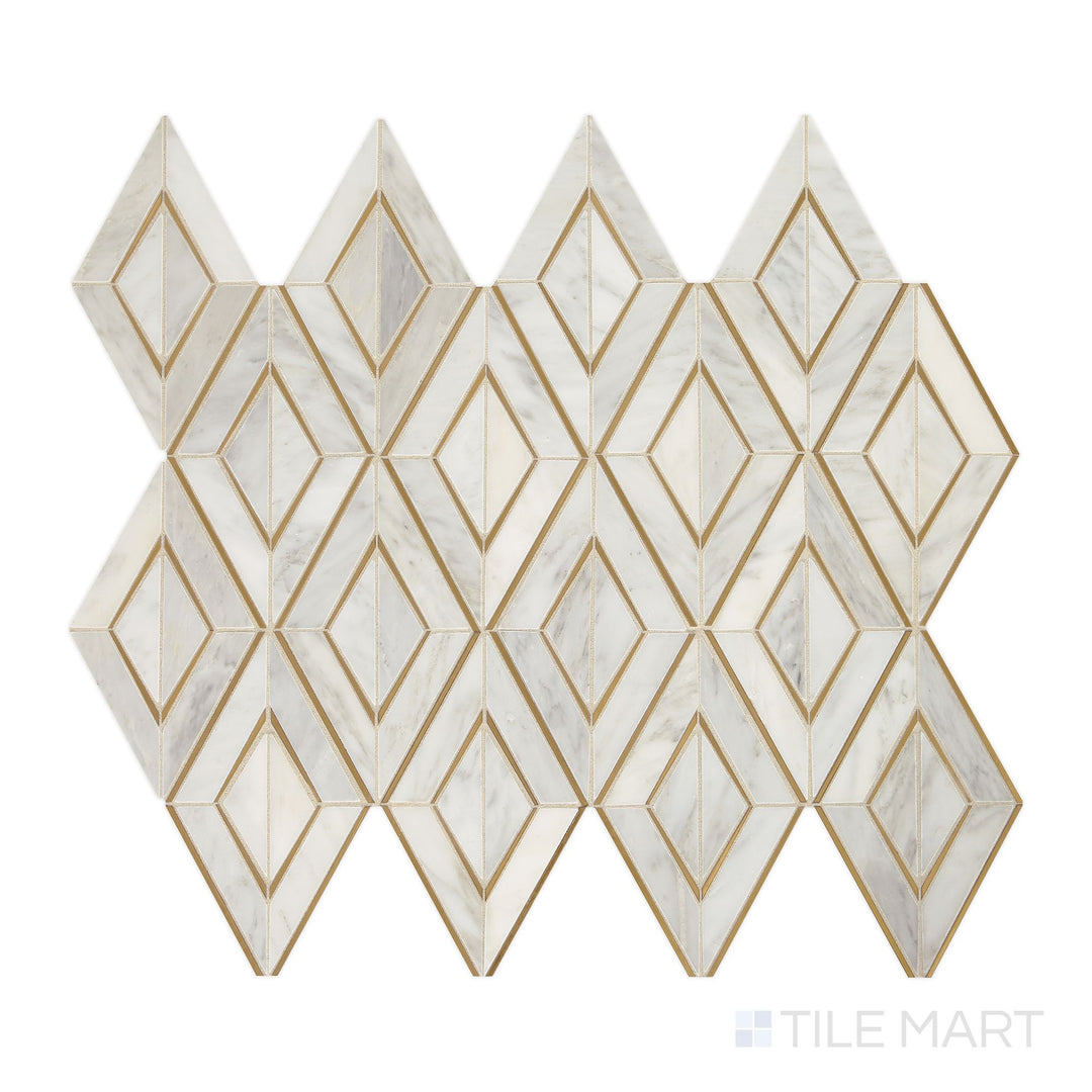 Captured from above, the Lavaliere First Snow Elegance/Brass Diamond polished marble mosaic features a refined mix of white marble and diamond-shaped brass elements, adding a chic and timeless appeal.