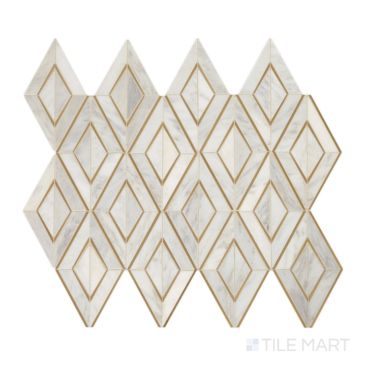 Captured from above, the Lavaliere First Snow Elegance/Brass Diamond polished marble mosaic features a refined mix of white marble and diamond-shaped brass elements, adding a chic and timeless appeal.
