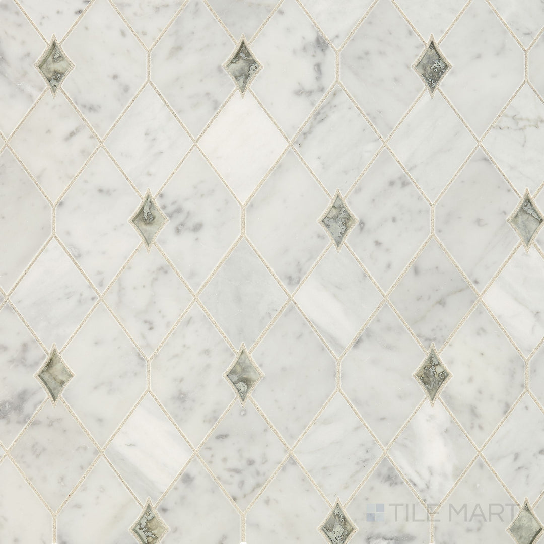 Flat overhead perspective of Lavaliere Carrara White/Antique Mirror Harlequin Polished Carrara Mosaic, featuring a sophisticated harlequin pattern with antique mirror inlays.