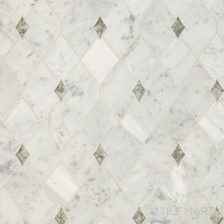 Flat overhead perspective of Lavaliere Carrara White/Antique Mirror Harlequin Polished Carrara Mosaic, featuring a sophisticated harlequin pattern with antique mirror inlays.