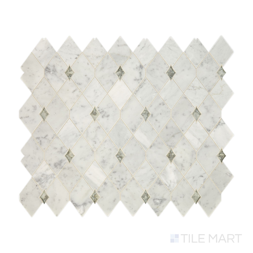 Diagonal view of Lavaliere Carrara White and Antique Mirror Harlequin polished marble mosaic, showcasing a geometric harlequin pattern, vintage mirror inlays, and a polished marble finish.  