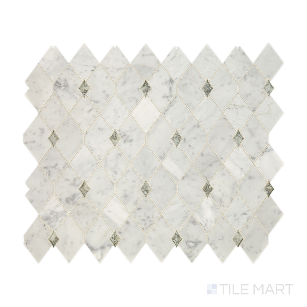 Diagonal view of Lavaliere Carrara White and Antique Mirror Harlequin polished marble mosaic, showcasing a geometric harlequin pattern, vintage mirror inlays, and a polished marble finish.  