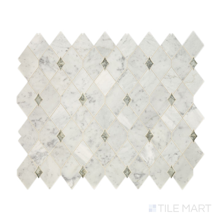 Diagonal view of Lavaliere Carrara White and Antique Mirror Harlequin polished marble mosaic, showcasing a geometric harlequin pattern, vintage mirror inlays, and a polished marble finish.  