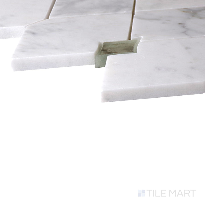 Side perspective of Lavaliere Carrara White/Antique Mirror Harlequin Polished Mosaic, capturing its sophisticated geometric harlequin pattern with reflective antique mirror details.