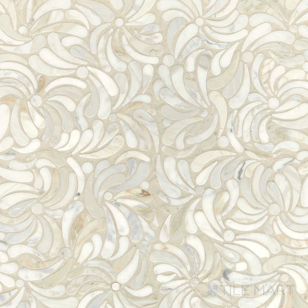 Top-down image of Lavaliere Calacatta Gold Windblown Honed Mosaic, showcasing the luxurious veining of Calacatta Gold marble in a honed finish.