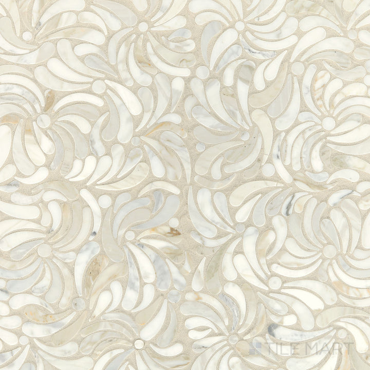 Top-down image of Lavaliere Calacatta Gold Windblown Honed Mosaic, showcasing the luxurious veining of Calacatta Gold marble in a honed finish.
