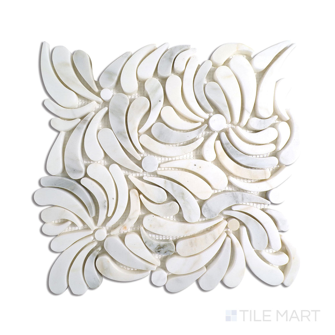 Slanted perspective of Lavaliere Calacatta Gold Windblown honed mosaic, emphasizing its soft golden veining, fluid mosaic arrangement, and honed natural stone finish.  