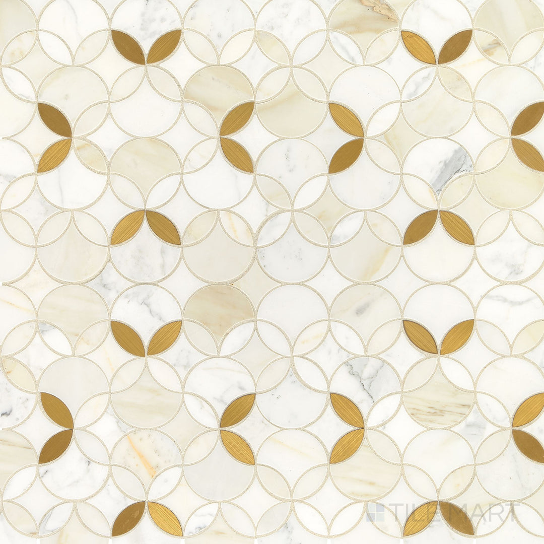 A clear product overview of the Lavaliere Calacatta Gold and brass Shapestry polished Calacatta marble mosaic with bold contrast