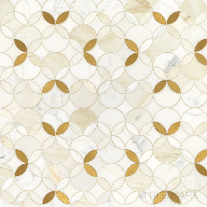 A clear product overview of the Lavaliere Calacatta Gold and brass Shapestry polished Calacatta marble mosaic with bold contrast