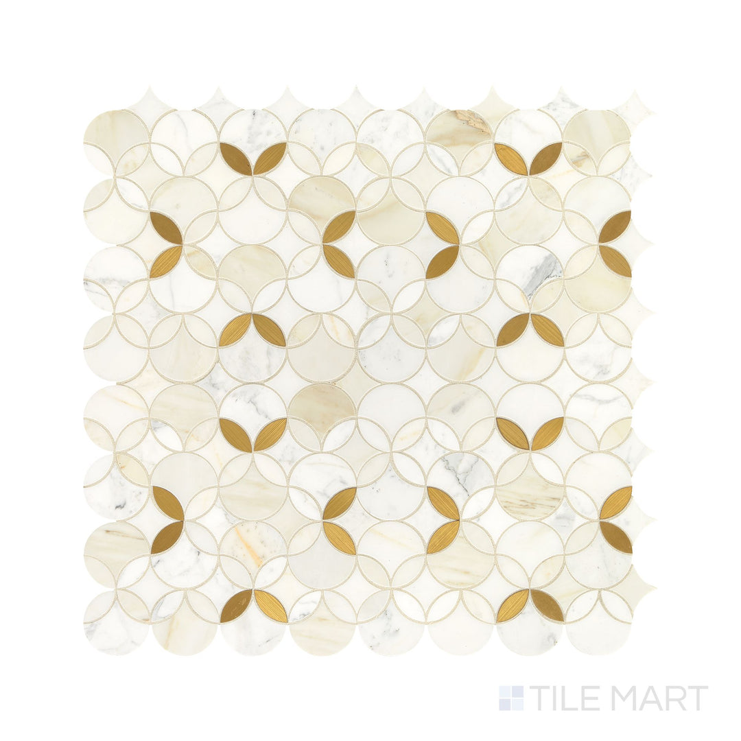 The overhead perspective highlights the Lavaliere Calacatta Gold/Brass Shapestry polished Calacatta mosaic, showcasing intricate golden brass patterns against luxurious Calacatta marble for an elegant, high-end look.