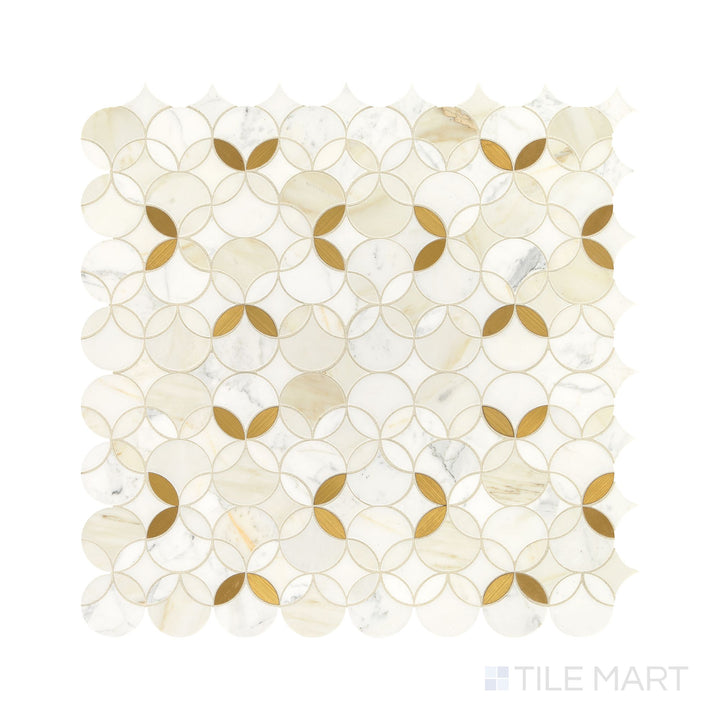 The overhead perspective highlights the Lavaliere Calacatta Gold/Brass Shapestry polished Calacatta mosaic, showcasing intricate golden brass patterns against luxurious Calacatta marble for an elegant, high-end look.