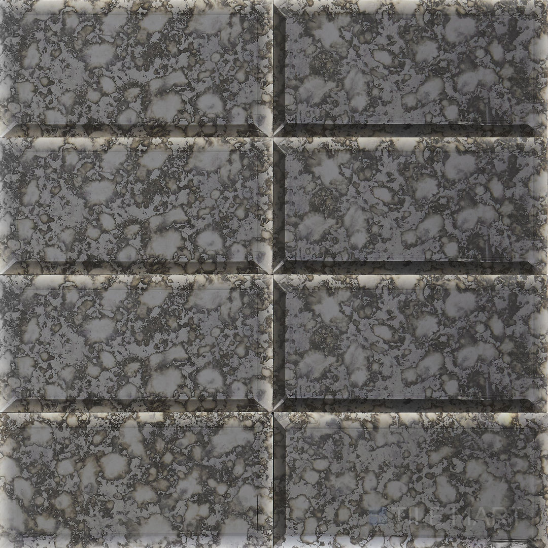 Viewed from the top, the Lavaliere Black Antique Mirror Bevel polished mosaic presents a sleek black marble with reflective bevel edges, adding depth and sophistication to any interior.