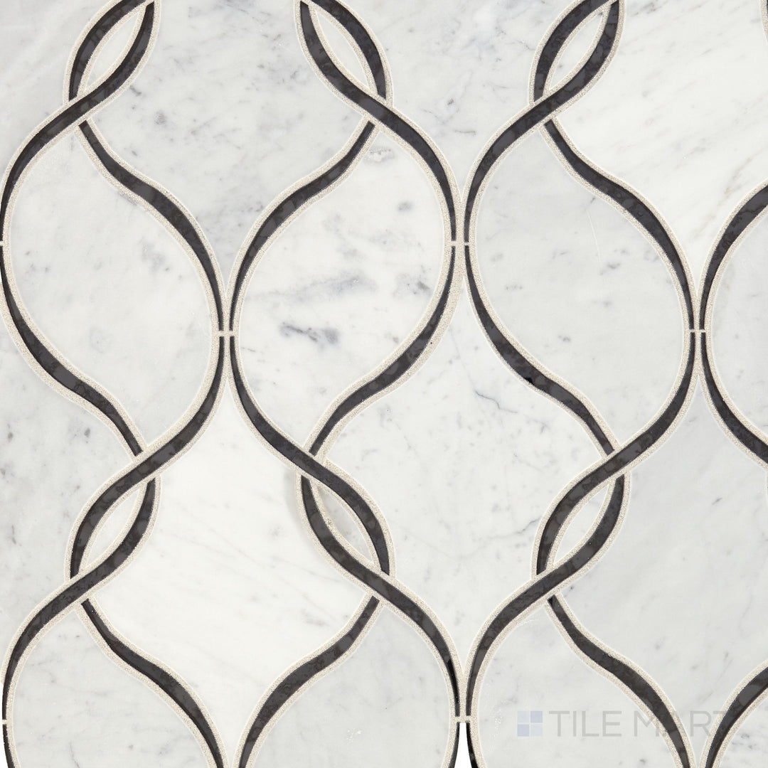 Flat-lay view of Lavaliere Carrara White/Black Ant Mirror Intertwining Arabesque Polished Carrara Mosaic, featuring an intricate arabesque pattern with polished marble and mirrored details.
