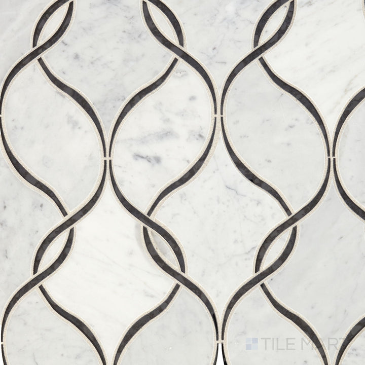 Flat-lay view of Lavaliere Carrara White/Black Ant Mirror Intertwining Arabesque Polished Carrara Mosaic, featuring an intricate arabesque pattern with polished marble and mirrored details.