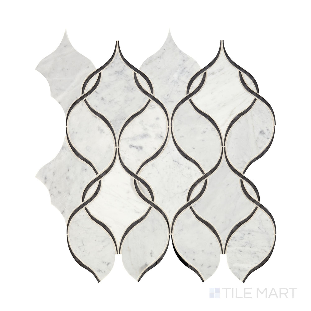 Slanted perspective of Lavaliere Carrara White and Black Ant Mirror Intertwining Arabesque polished marble mosaic, emphasizing an intricate arabesque design with bold black mirror accents and white Carrara marble.  