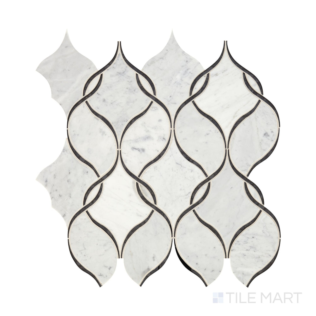 Slanted perspective of Lavaliere Carrara White and Black Ant Mirror Intertwining Arabesque polished marble mosaic, emphasizing an intricate arabesque design with bold black mirror accents and white Carrara marble.  