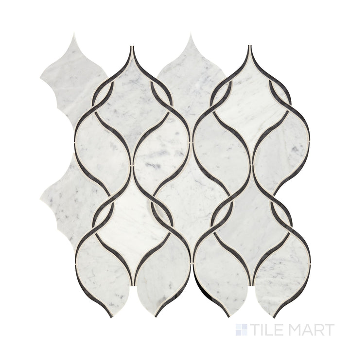 Slanted perspective of Lavaliere Carrara White and Black Ant Mirror Intertwining Arabesque polished marble mosaic, emphasizing an intricate arabesque design with bold black mirror accents and white Carrara marble.  
