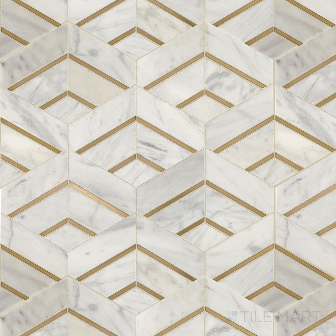 Shown in its entirety, the Lavaliere Alluring White and brass intermix honed marble mosaic highlights a layered decorative pattern