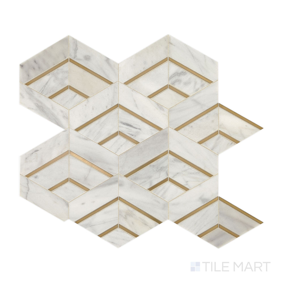 A top-down view of the Lavaliere Alluring White/Brass Intermix honed marble mosaic reveals a harmonious combination of white marble and brass accents, offering a modern, yet timeless design element.