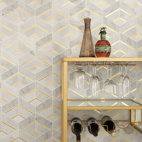 Lavaliere Alluring White/Brass Intermix Honed Marble, Brass Mosaic