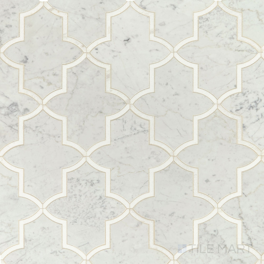 Direct top-down view of Lavaliere Carrara White/Thassos White Byzantine Polished Carrara, Thassos Mosaic, displaying a Byzantine-inspired geometric layout with polished white marble.