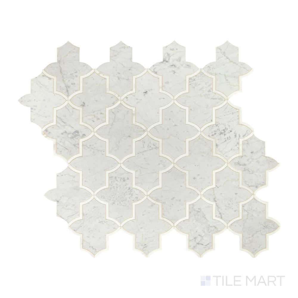 Diagonal view of Lavaliere Carrara White and Thassos White Byzantine polished marble mosaic, showcasing a blend of classic white marbles in an intricate Byzantine-inspired arrangement.  