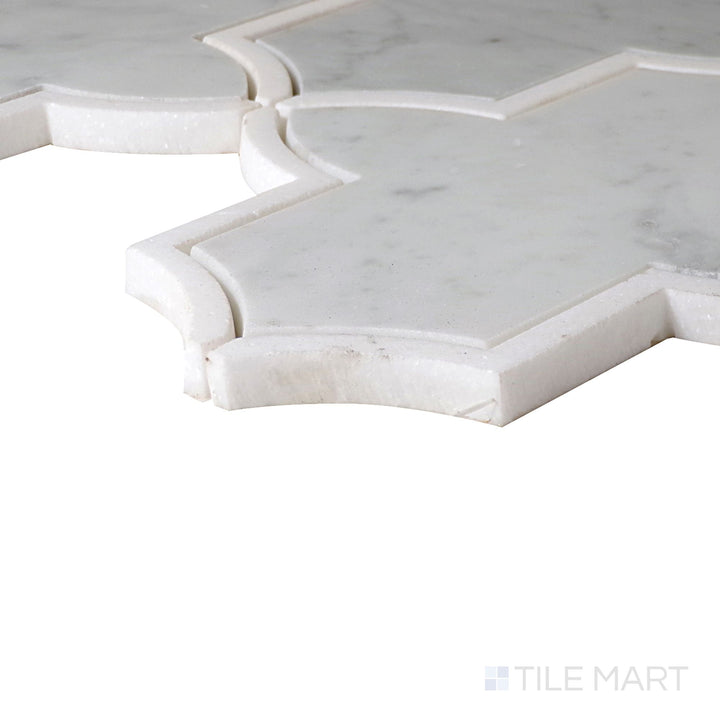 Angled close-up of Lavaliere Carrara White/Thassos White Byzantine Polished Mosaic, showcasing its luxurious white-on-white combination with Byzantine-inspired detailing.