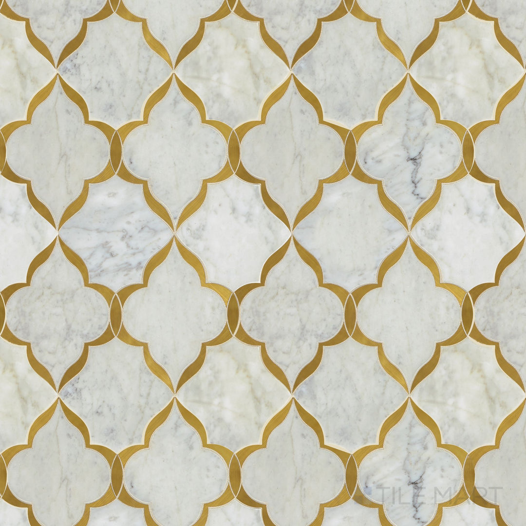 This full product view showcases the Lavaliere Carrara White and brass Kapali polished Carrara marble mosaic with refined detailing