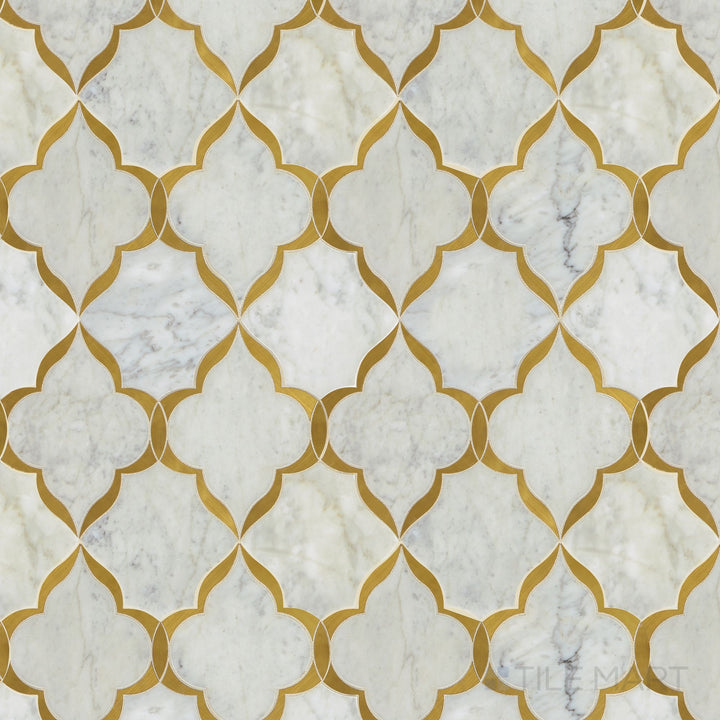 This full product view showcases the Lavaliere Carrara White and brass Kapali polished Carrara marble mosaic with refined detailing