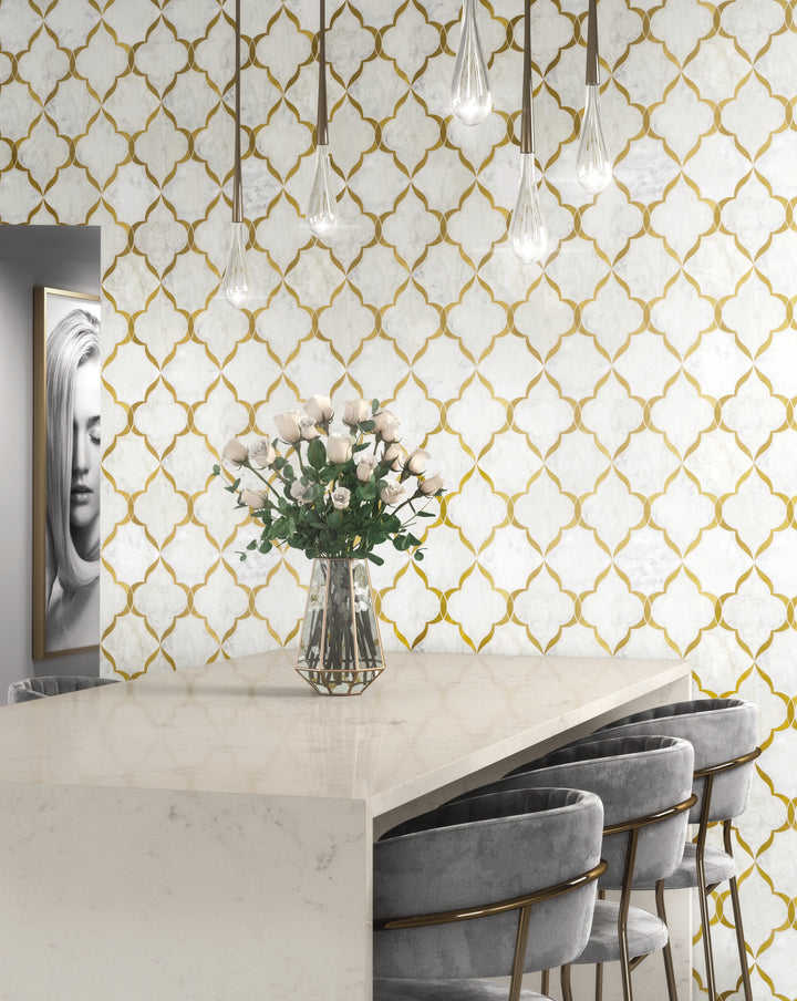 A striking blend of Carrara White marble and brass in a polished finish creates a refined and luxurious feel in this Lavaliere Carrara White/Brass Kapali mosaic.