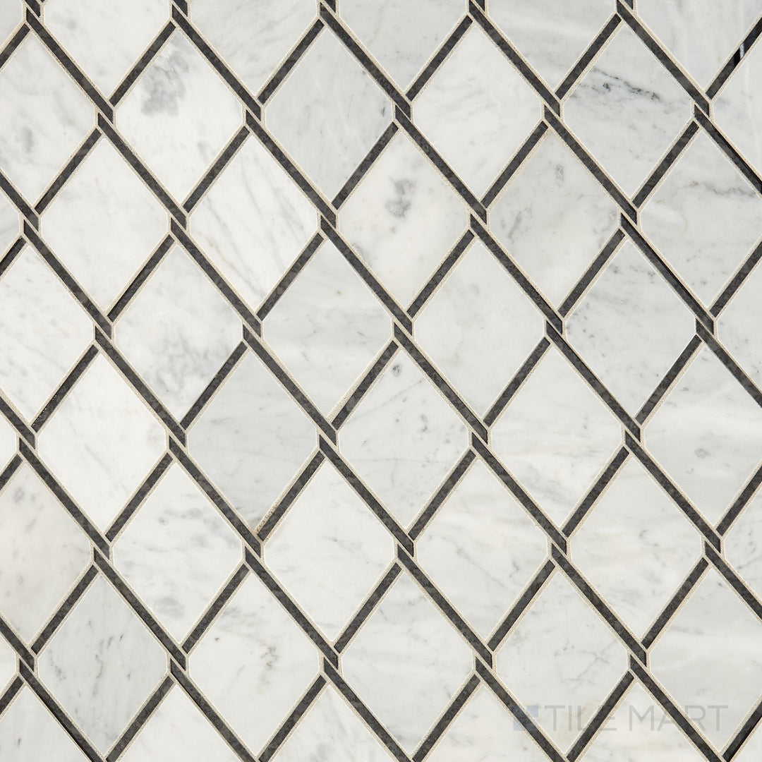 Flat-lay image of Lavaliere Carrara White/Black Ant Mirror Chain Link Polished Carrara Mosaic, highlighting its modern chain link pattern with polished marble and mirror accents.