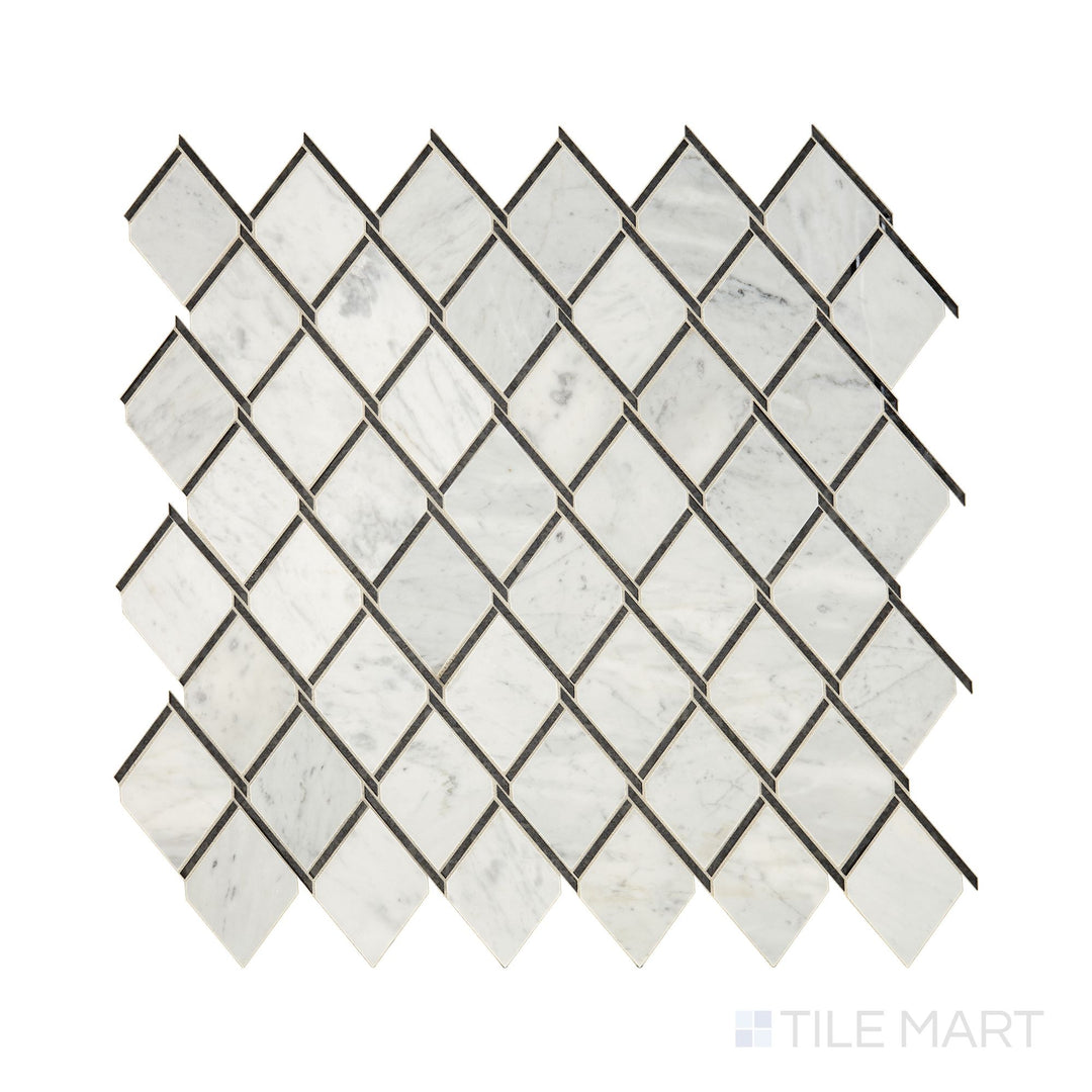 Slanted perspective of Lavaliere Carrara White and Black Ant Mirror Chain Link polished marble mosaic, emphasizing its interwoven chain-link design with bold contrast and a glossy finish.  