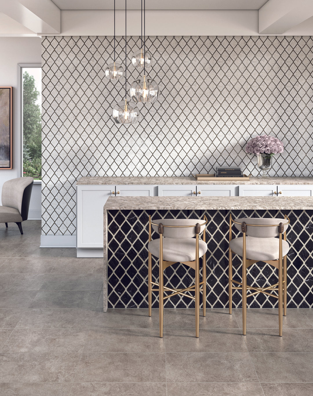 Lavaliere Carrara White/Black Ant Mirror Chain Link polished mosaic tile shown in a curated scene, emphasizing bold geometry and reflective detail.