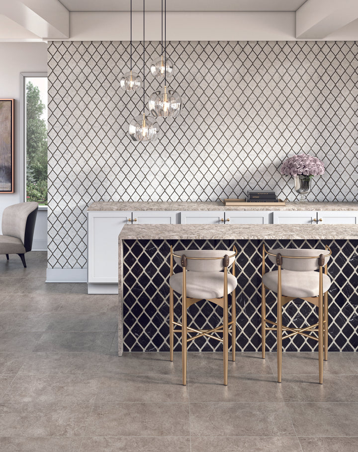 Lavaliere Carrara White/Black Ant Mirror Chain Link polished mosaic tile shown in a curated scene, emphasizing bold geometry and reflective detail.
