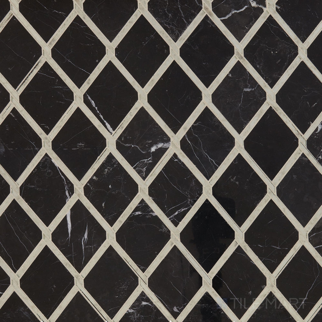 Top-down view of Lavaliere Nero Marquina/Antique Mirror Chain Link Polished Nero Marquina Mosaic, showcasing its bold black marble and antique mirror interplay in a chain link design.