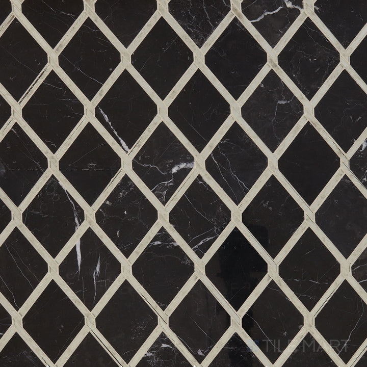 Top-down view of Lavaliere Nero Marquina/Antique Mirror Chain Link Polished Nero Marquina Mosaic, showcasing its bold black marble and antique mirror interplay in a chain link design.