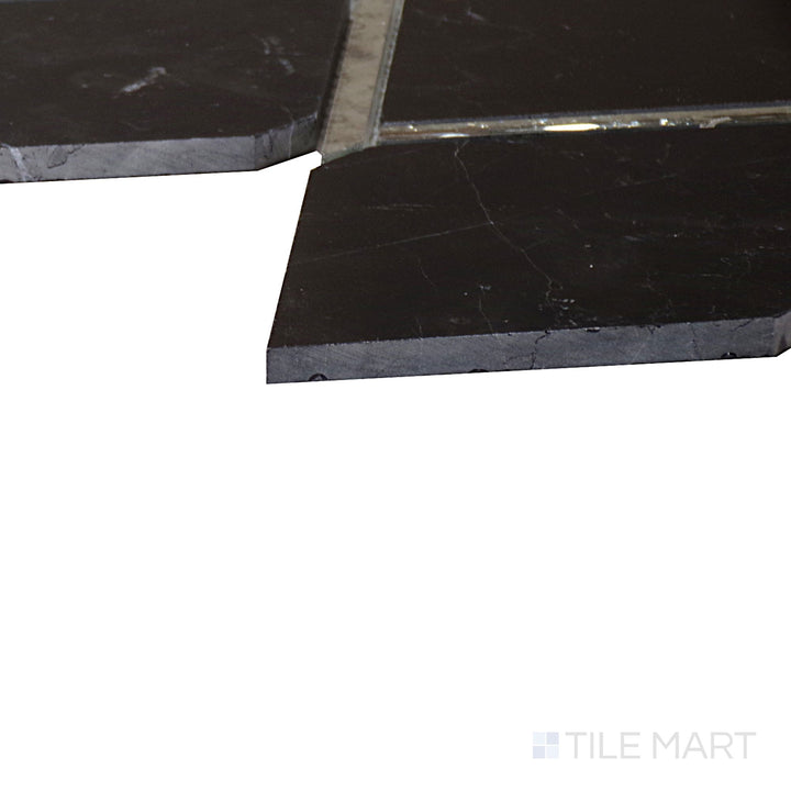 Close-up corner shot of Lavaliere Nero Marquina/Antique Mirror Chain Link Polished Mosaic, featuring bold Nero Marquina marble with elegant antique mirror details in a chain-link design.