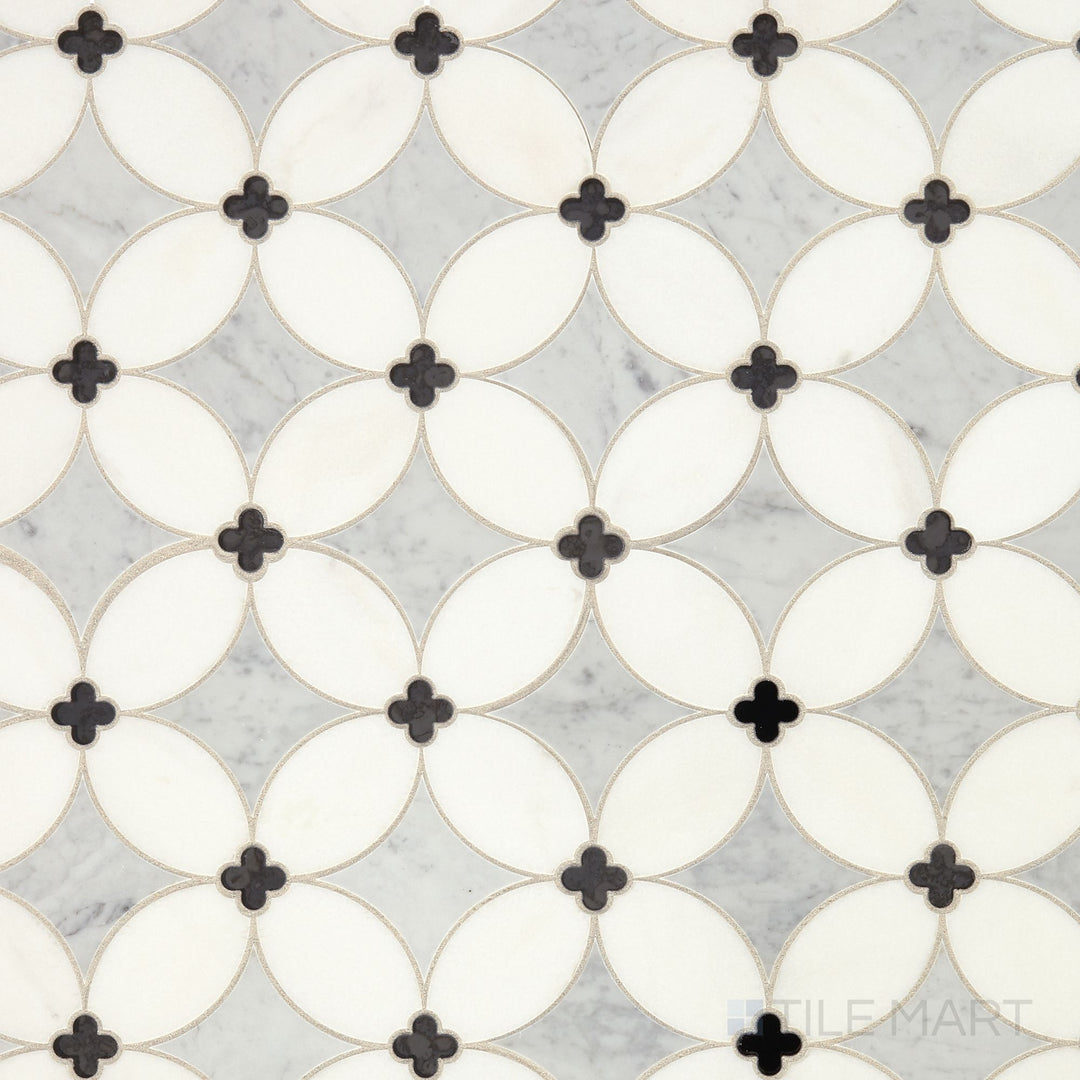Overhead shot of Lavaliere Carrara/Thassos/Black Ant Mirror Petal Honed Carrara, Thassos Mosaic, featuring a petal-like pattern with a honed finish for a soft, elegant look.