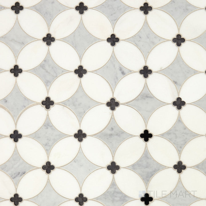 Overhead shot of Lavaliere Carrara/Thassos/Black Ant Mirror Petal Honed Carrara, Thassos Mosaic, featuring a petal-like pattern with a honed finish for a soft, elegant look.