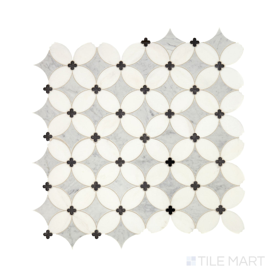 Diagonal view of Lavaliere Carrara, Thassos, and Black Ant Mirror Petal honed marble mosaic, showcasing a floral-inspired pattern with elegant Carrara and Thassos marbles.  