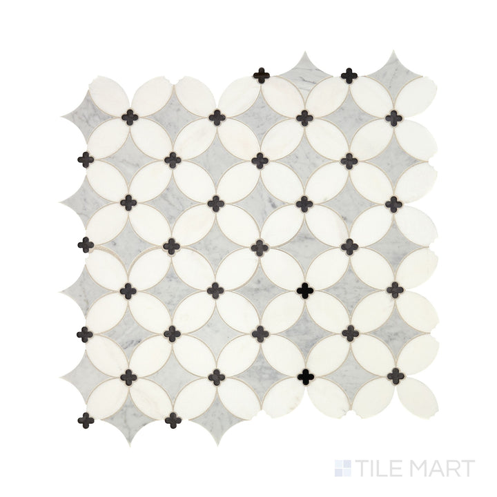 Diagonal view of Lavaliere Carrara, Thassos, and Black Ant Mirror Petal honed marble mosaic, showcasing a floral-inspired pattern with elegant Carrara and Thassos marbles.  