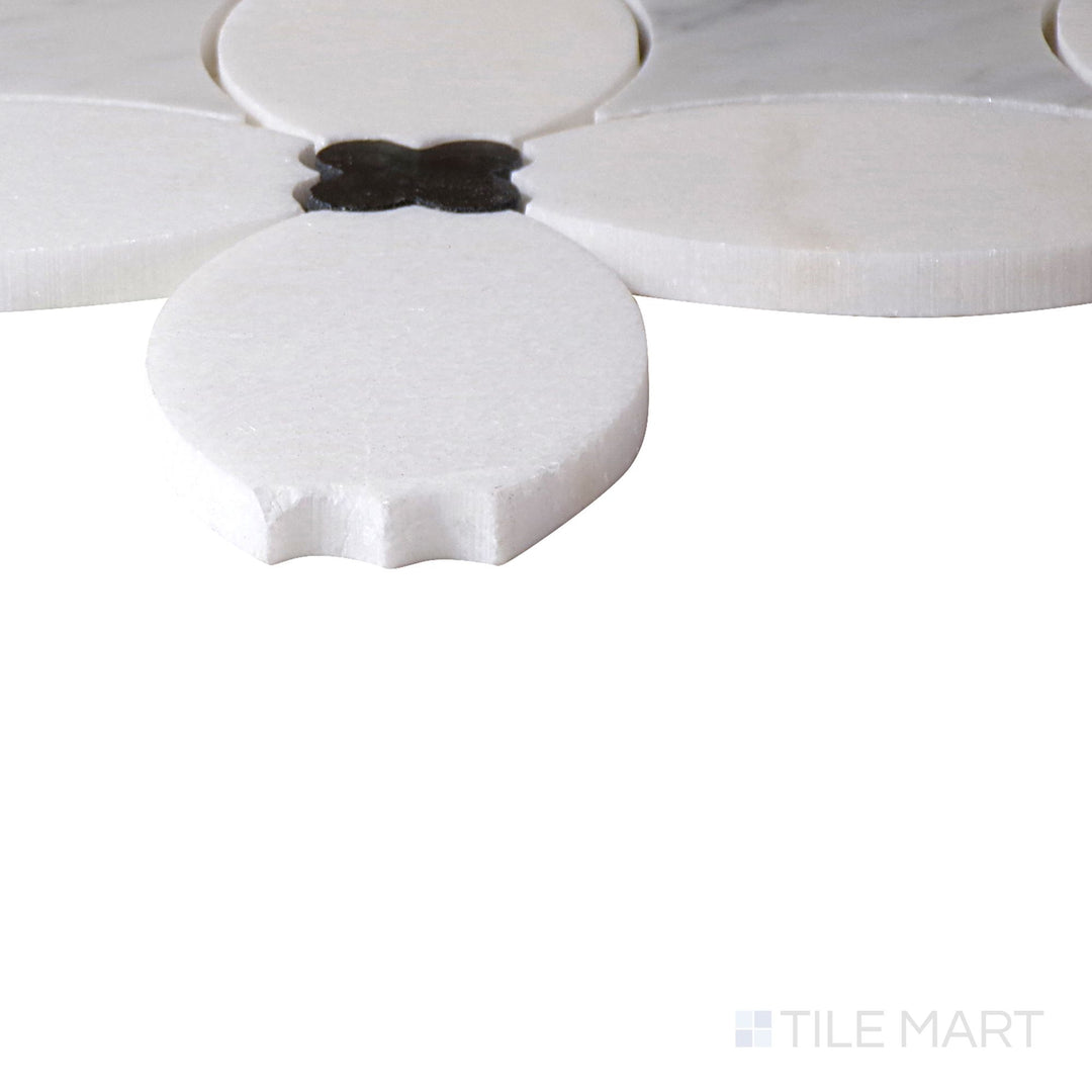 Corner angle of Lavaliere Carrara/Thassos/Black Ant Mirror Petal Honed Mosaic, emphasizing its graceful petal pattern with a combination of white marble and black mirror inlays.