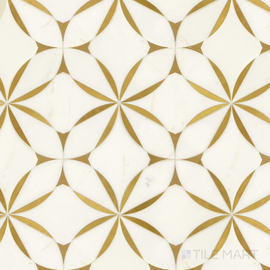 The Lavaliere Alluring White and brass Illusionary honed marble mosaic is shown as a complete product overview emphasizing its dimensional design