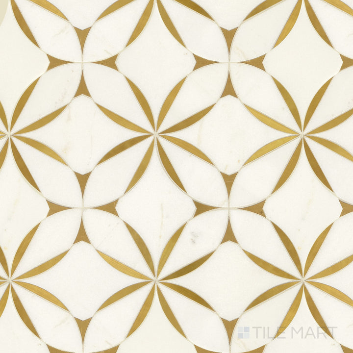 The Lavaliere Alluring White and brass Illusionary honed marble mosaic is shown as a complete product overview emphasizing its dimensional design