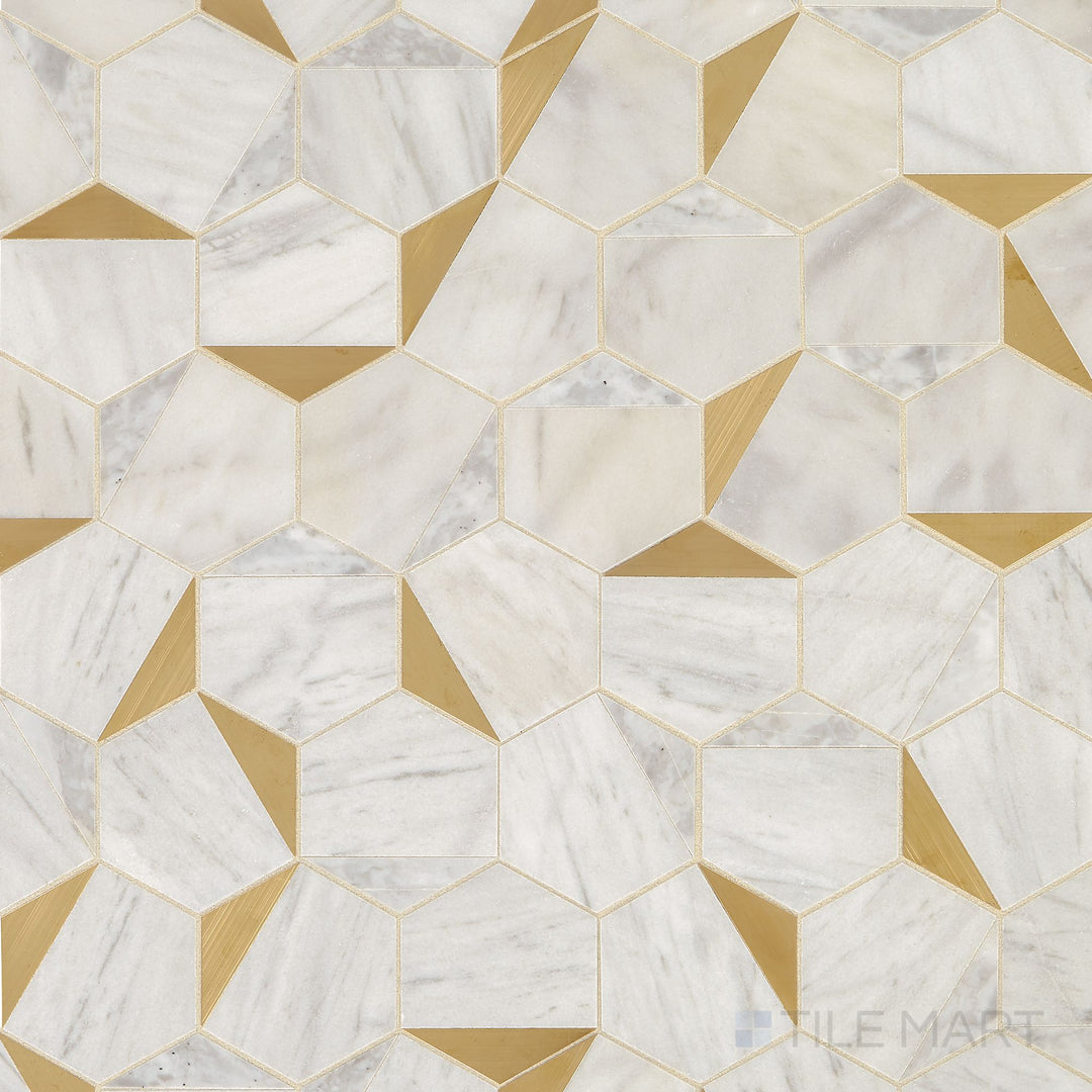 The Lavaliere Alluring White and brass Illusionary honed marble mosaic is shown as a complete product overview emphasizing its dimensional design