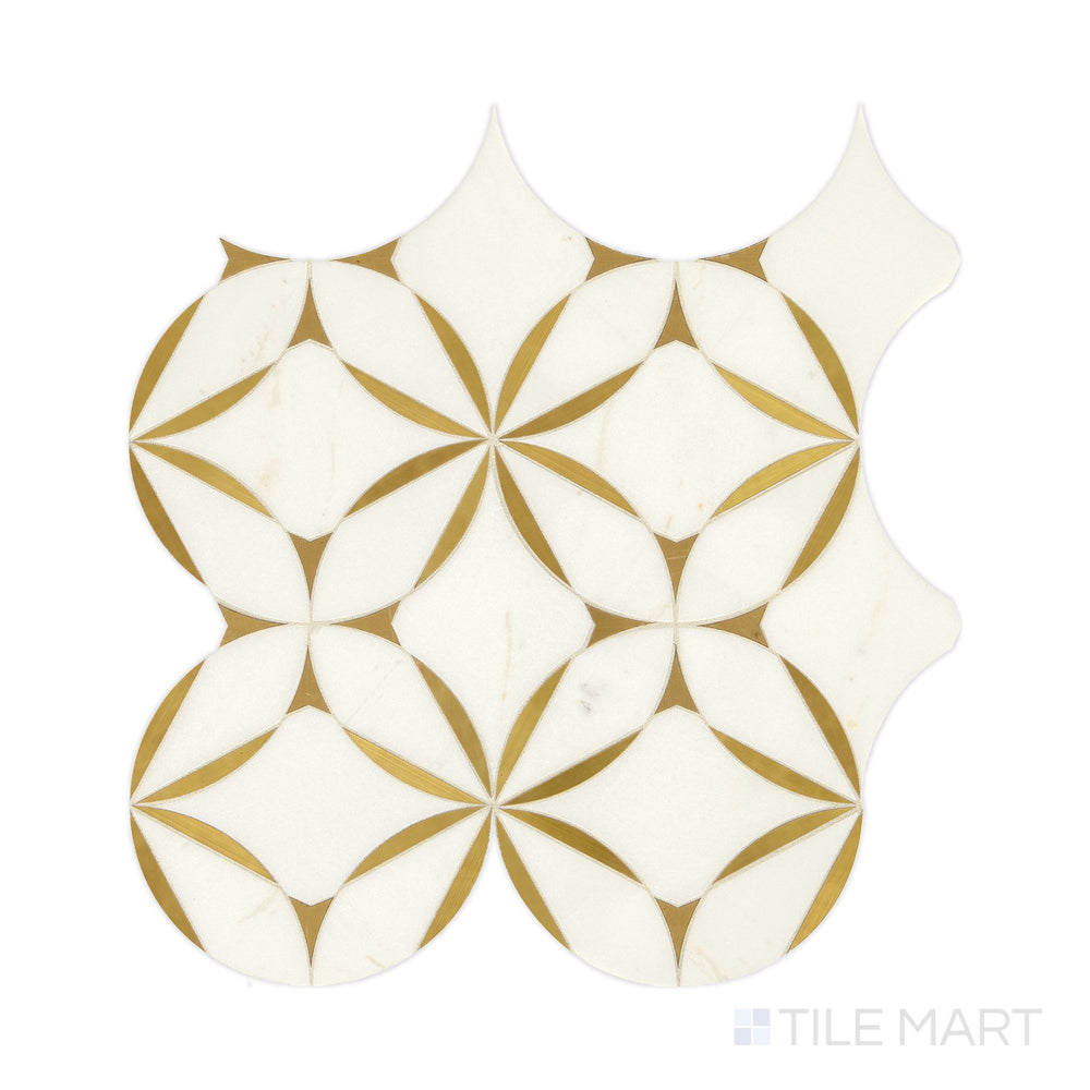 The overhead perspective showcases the Lavaliere Alluring White/Brass Illusionary honed marble mosaic, with a blend of white marble and brass accents creating a visually striking and sophisticated pattern.