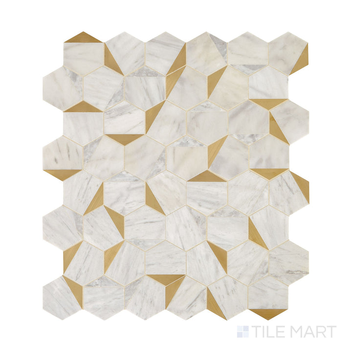 The overhead perspective showcases the Lavaliere Alluring White/Brass Illusionary honed marble mosaic, with a blend of white marble and brass accents creating a visually striking and sophisticated pattern.
