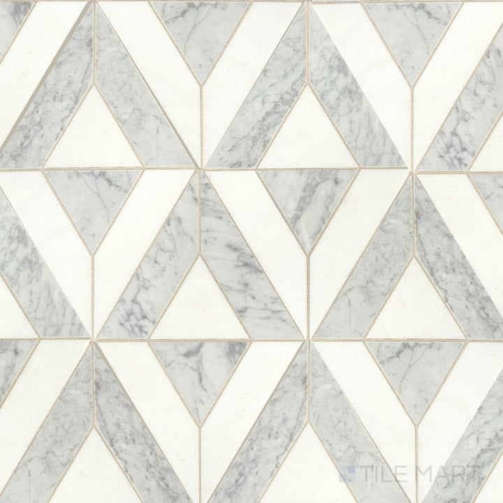 Flat-lay image of Lavaliere Carrara White/Thassos White Radiant Honed Carrara, Thassos Mosaic, emphasizing its radiant white marble tones with a refined honed texture.