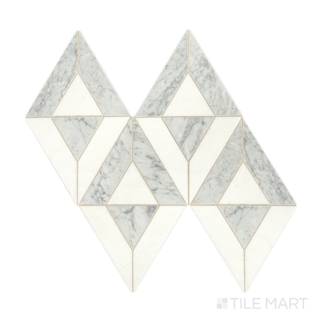 Slanted perspective of Lavaliere Carrara White and Thassos White Radiant honed marble mosaic, emphasizing a soft, natural stone finish, delicate veining, and a refined honed texture.  