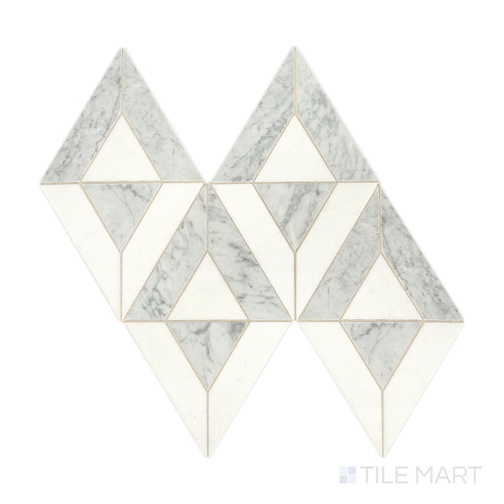Slanted perspective of Lavaliere Carrara White and Thassos White Radiant honed marble mosaic, emphasizing a soft, natural stone finish, delicate veining, and a refined honed texture.  
